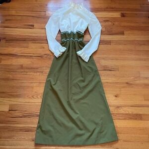 Retro 60s/70s Colorblock Prairie Girl Green Maxi Dress Twee Ruffled Flower